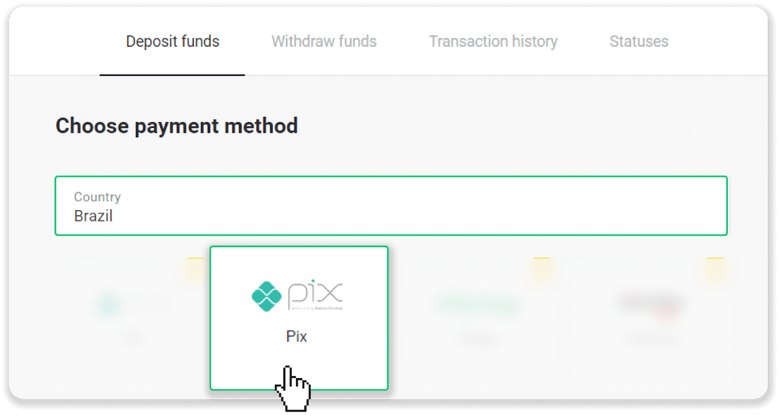 إيداع الأموال على Binomo عبر الخدمات المصرفية عبر الإنترنت في البرازيل (Bank Transer، Paylivre، Loterica، Itau، Boleto Rapido) والمحافظ الإلكترونية (Picpay، Astropay، Banco do Brasil، Santander، Bradesco، Neteller، Skrill، WebMoney، Advcash)