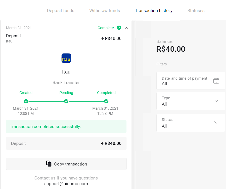 Braziliya Internet-banking (Bank Transer, Paylivre, Loterica, Itau, Boleto Rapido) va elektron hamyonlar (Picpay, Astropay, Banco do Brasil, Santander, Bradesco, Neteller, Skrill, WebMoney, Advcash) orqali Binomo-ga mablag'larni depozit qilish. Braziliya Internet-banking (Bank Transer, Paylivre, Loterica, Itau, Boleto Rapido) va elektron hamyonlar (Picpay, Astropay, Banco do Brasil, Santander, Bradesco, Neteller, Skrill, WebMoney, Advcash) orqali Binomo-ga mablag'larni depozit qilish.