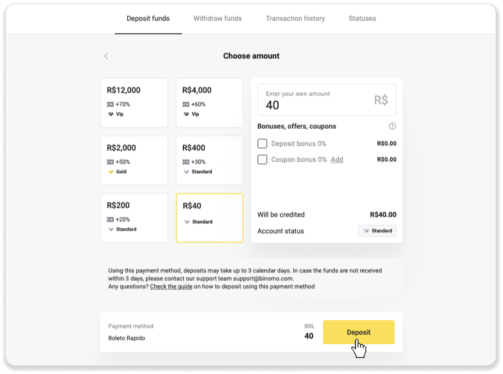 Braziliya Internet-banking (Bank Transer, Paylivre, Loterica, Itau, Boleto Rapido) va elektron hamyonlar (Picpay, Astropay, Banco do Brasil, Santander, Bradesco, Neteller, Skrill, WebMoney, Advcash) orqali Binomo-ga mablag'larni depozit qilish. Braziliya Internet-banking (Bank Transer, Paylivre, Loterica, Itau, Boleto Rapido) va elektron hamyonlar (Picpay, Astropay, Banco do Brasil, Santander, Bradesco, Neteller, Skrill, WebMoney, Advcash) orqali Binomo-ga mablag'larni depozit qilish.
