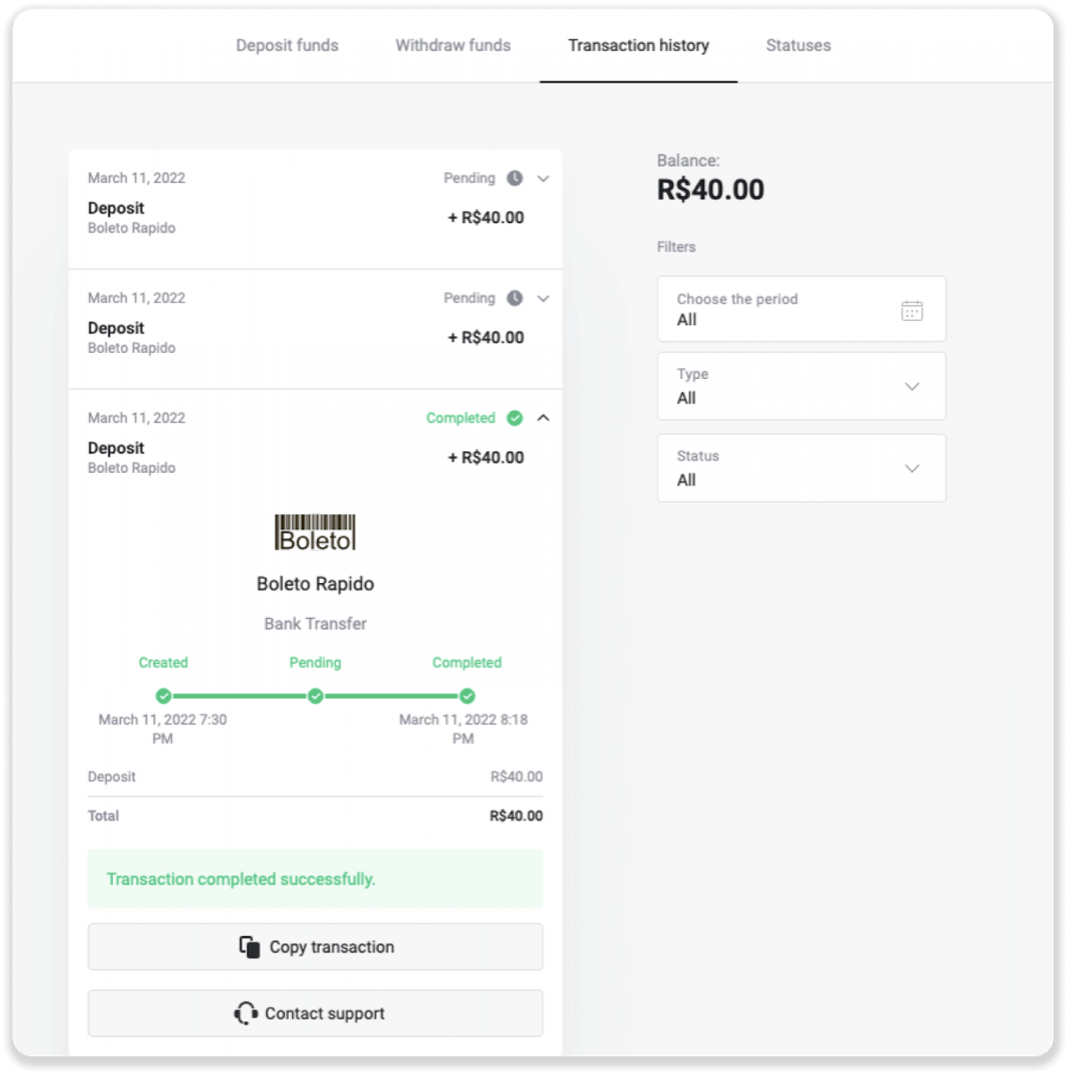 Braziliya Internet-banking (Bank Transer, Paylivre, Loterica, Itau, Boleto Rapido) va elektron hamyonlar (Picpay, Astropay, Banco do Brasil, Santander, Bradesco, Neteller, Skrill, WebMoney, Advcash) orqali Binomo-ga mablag'larni depozit qilish. Braziliya Internet-banking (Bank Transer, Paylivre, Loterica, Itau, Boleto Rapido) va elektron hamyonlar (Picpay, Astropay, Banco do Brasil, Santander, Bradesco, Neteller, Skrill, WebMoney, Advcash) orqali Binomo-ga mablag'larni depozit qilish.
