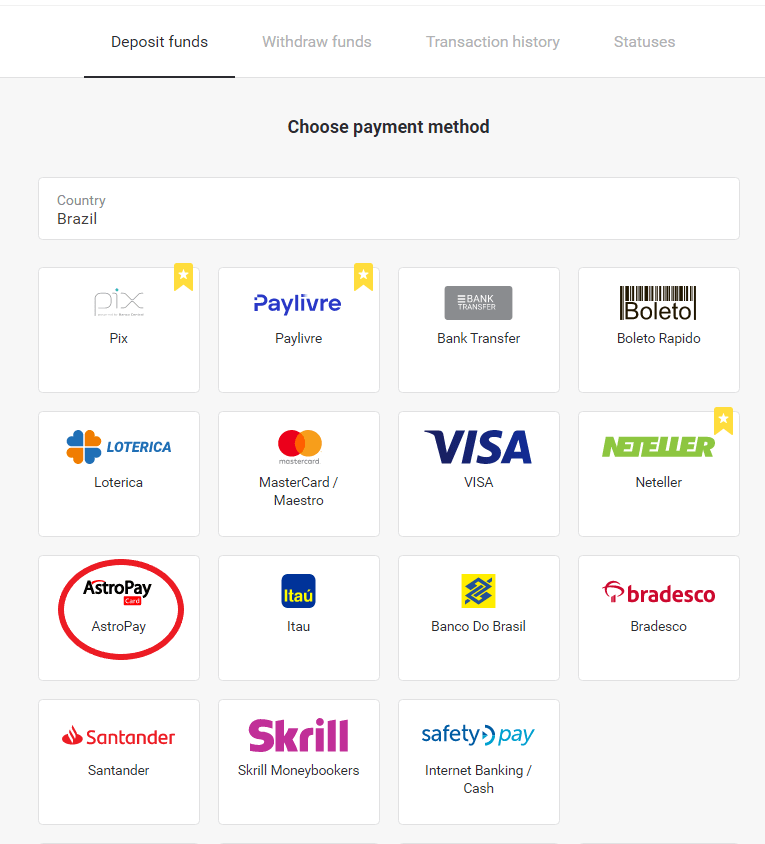 Braziliya Internet-banking (Bank Transer, Paylivre, Loterica, Itau, Boleto Rapido) va elektron hamyonlar (Picpay, Astropay, Banco do Brasil, Santander, Bradesco, Neteller, Skrill, WebMoney, Advcash) orqali Binomo-ga mablag'larni depozit qilish. Braziliya Internet-banking (Bank Transer, Paylivre, Loterica, Itau, Boleto Rapido) va elektron hamyonlar (Picpay, Astropay, Banco do Brasil, Santander, Bradesco, Neteller, Skrill, WebMoney, Advcash) orqali Binomo-ga mablag'larni depozit qilish.