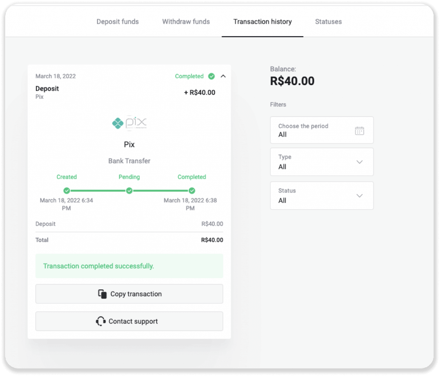 Braziliya Internet-banking (Bank Transer, Paylivre, Loterica, Itau, Boleto Rapido) va elektron hamyonlar (Picpay, Astropay, Banco do Brasil, Santander, Bradesco, Neteller, Skrill, WebMoney, Advcash) orqali Binomo-ga mablag'larni depozit qilish. Braziliya Internet-banking (Bank Transer, Paylivre, Loterica, Itau, Boleto Rapido) va elektron hamyonlar (Picpay, Astropay, Banco do Brasil, Santander, Bradesco, Neteller, Skrill, WebMoney, Advcash) orqali Binomo-ga mablag'larni depozit qilish.