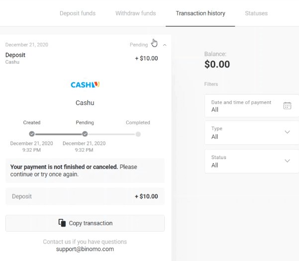 قم بإيداع الأموال في Binomo عبر Cash U