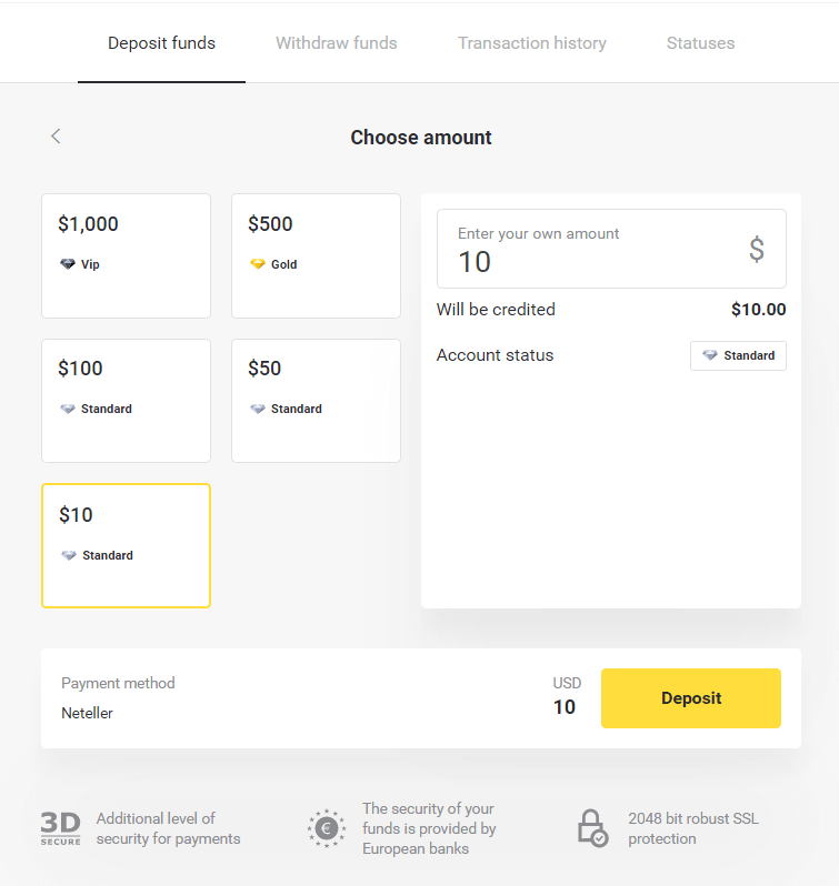 Neteller orqali Binomo-ga mablag'larni depozit qilish