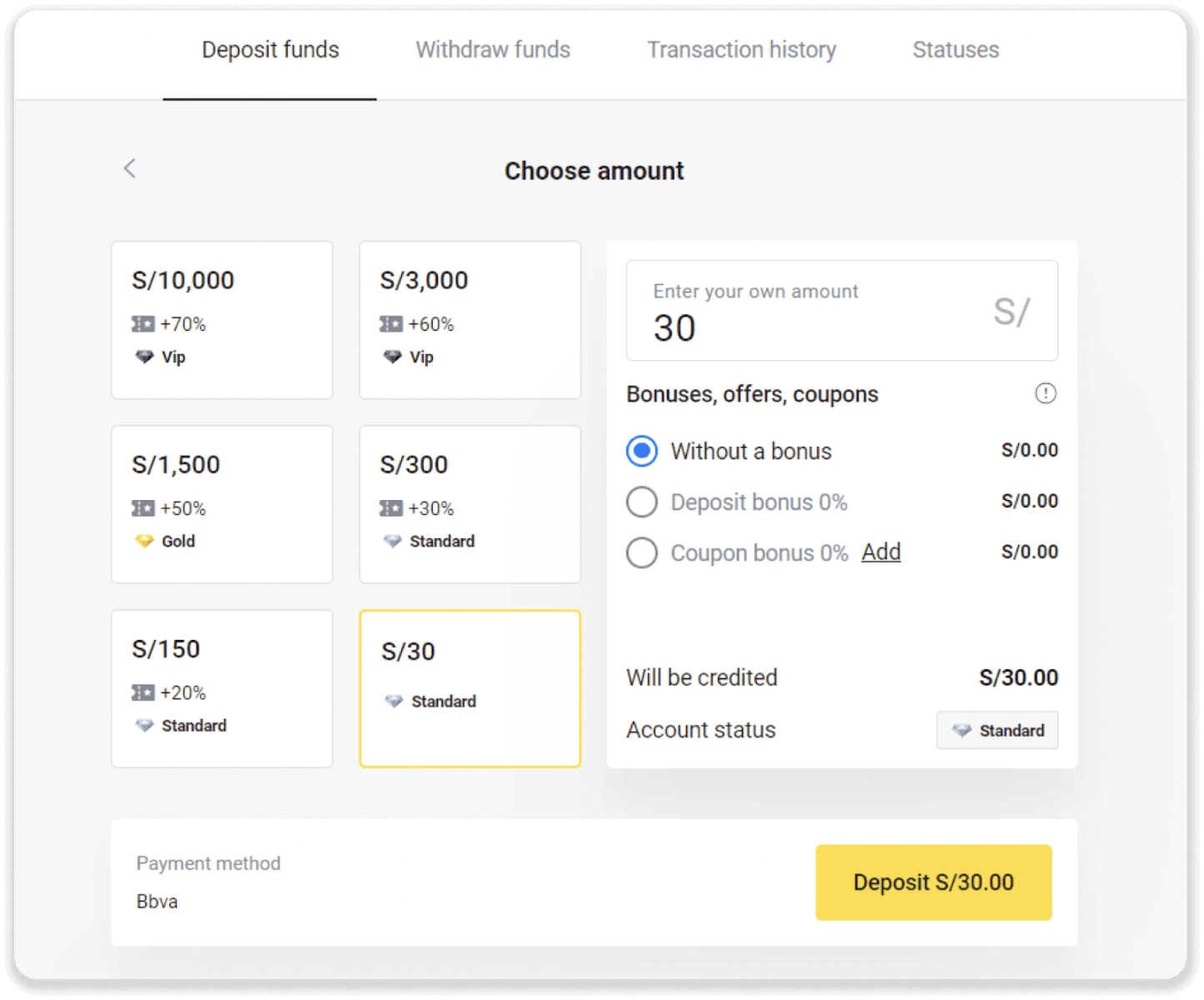 Deposit Funds on Binomo via Peru Bank Card (Mastercard / Maestro), Bank Transfer (BBVA, Cash Payments, Scotiabank, Caja Tacna, BCP bank, Caja Huancayo, Caja Trujillo, Interbank, Caja Arequipa) and E-wallets (AstroPay, Jeton) Deposit Funds on Binomo via Peru Bank Card (Mastercard / Maestro), Bank Transfer (BBVA, Cash Payments, Scotiabank, Caja Tacna, BCP bank, Caja Huancayo, Caja Trujillo, Interbank, Caja Arequipa) and E-wallets (AstroPay, Jeton)