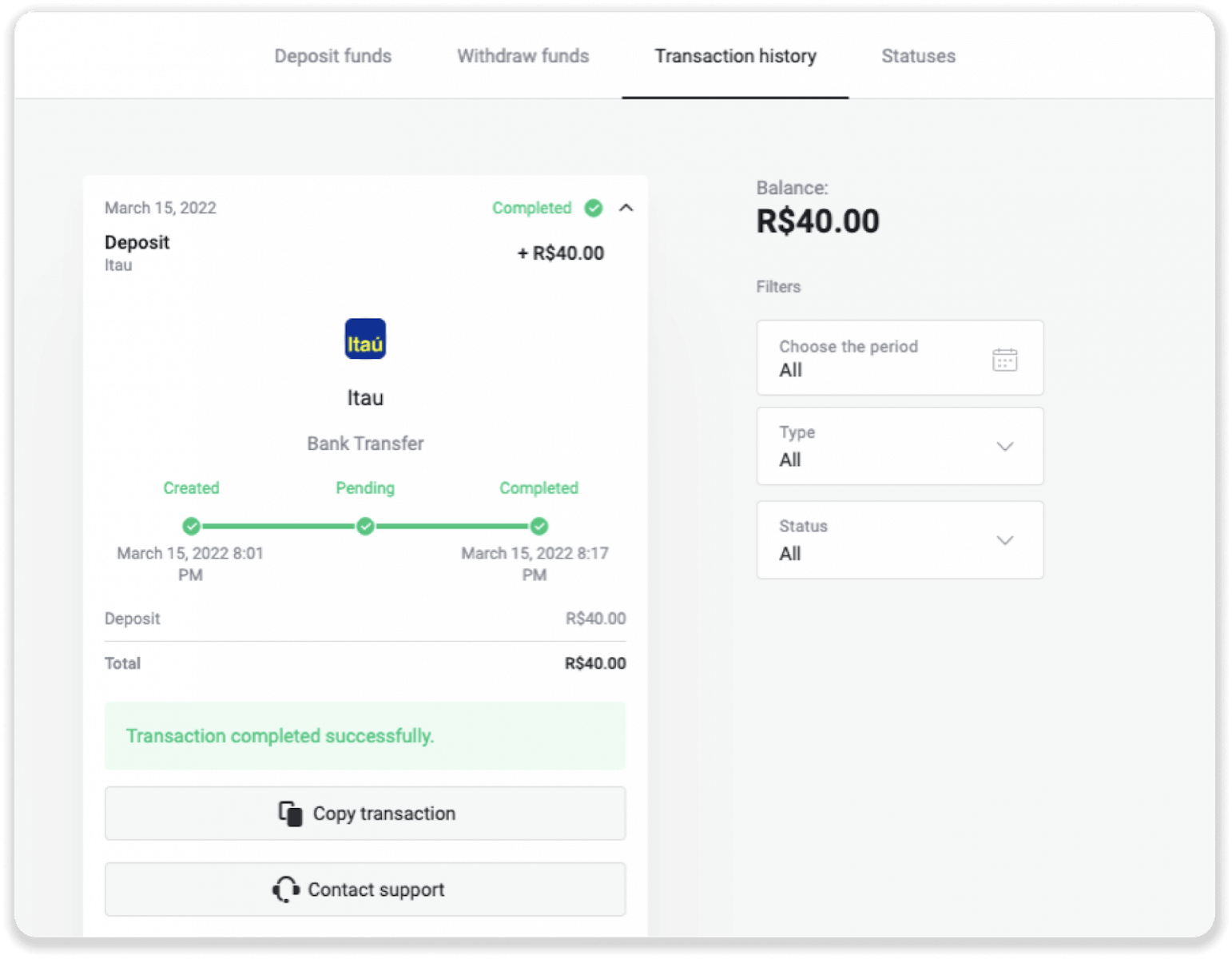 Внесите средства посредством банковского перевода (Itau, PicPay, Loterica, Boleto Rapido, Paylivre, Pagsmile, Bradesco, Santander) на Binomo Внесите средства посредством банковского перевода (Itau, PicPay, Loterica, Boleto Rapido, Paylivre, Pagsmile, Bradesco, Santander) на Binomo