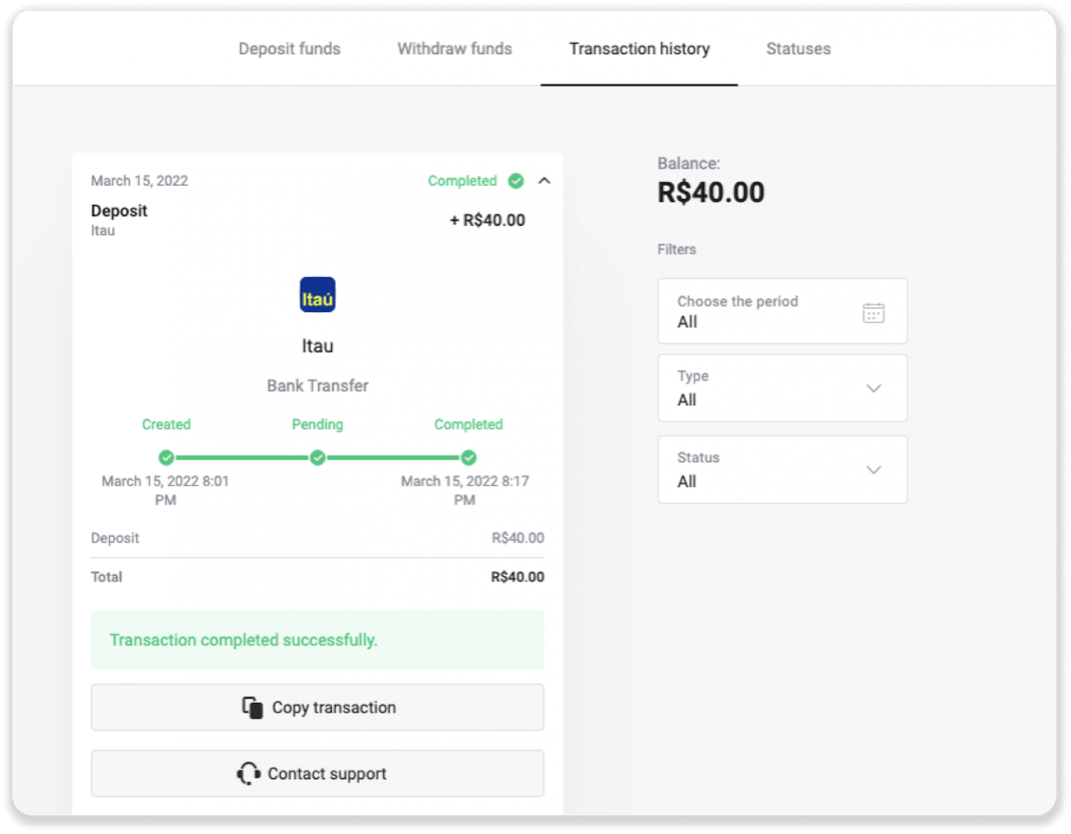 Внесите средства посредством банковского перевода (Itau, PicPay, Loterica, Boleto Rapido, Paylivre, Pagsmile, Bradesco, Santander) на Binomo Внесите средства посредством банковского перевода (Itau, PicPay, Loterica, Boleto Rapido, Paylivre, Pagsmile, Bradesco, Santander) на Binomo