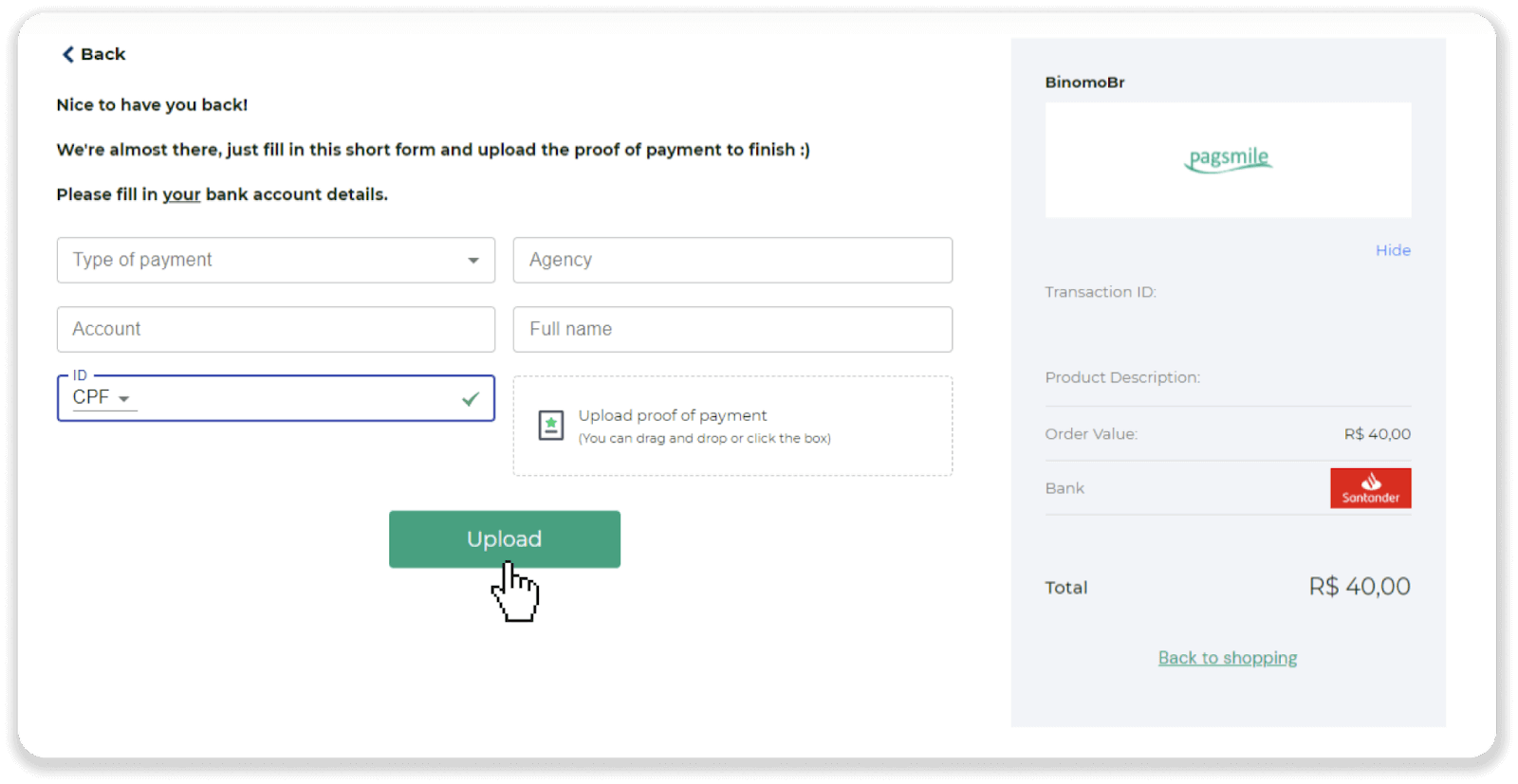 Внесите средства посредством банковского перевода (Itau, PicPay, Loterica, Boleto Rapido, Paylivre, Pagsmile, Bradesco, Santander) на Binomo Внесите средства посредством банковского перевода (Itau, PicPay, Loterica, Boleto Rapido, Paylivre, Pagsmile, Bradesco, Santander) на Binomo