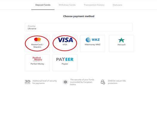 Gửi tiền vào Binomo qua Thẻ ngân hàng (VISA / MasterCard / Maestro) ở Ukraine