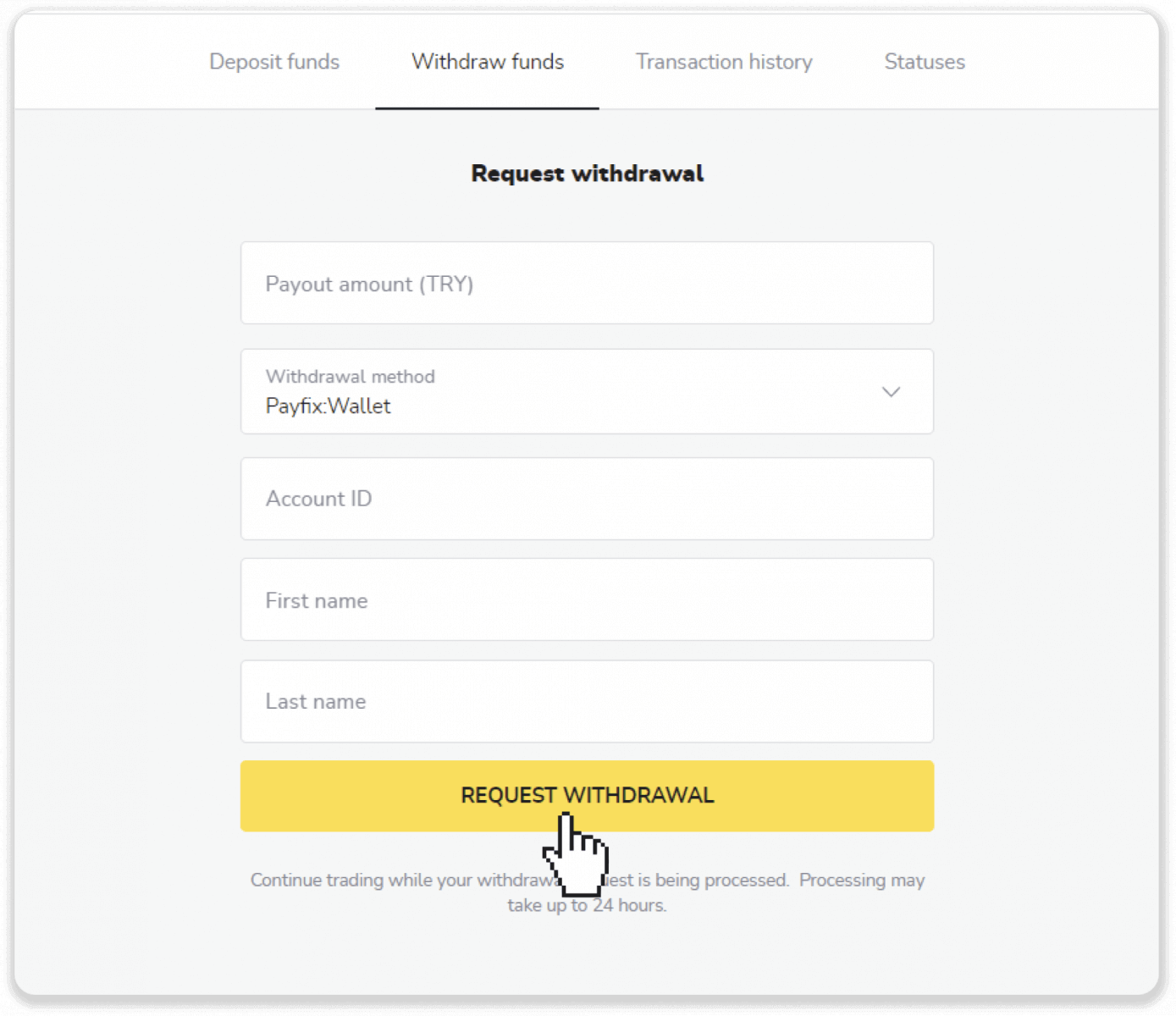 Si të tërhiqni fonde nga Binomo në portofolin tim elektronik (Payfix, Webmoney WMZ, Tpaga, Perfect Money, para ADV, PayTM, Globe Pay, AstroPay, Jeton Wallet)