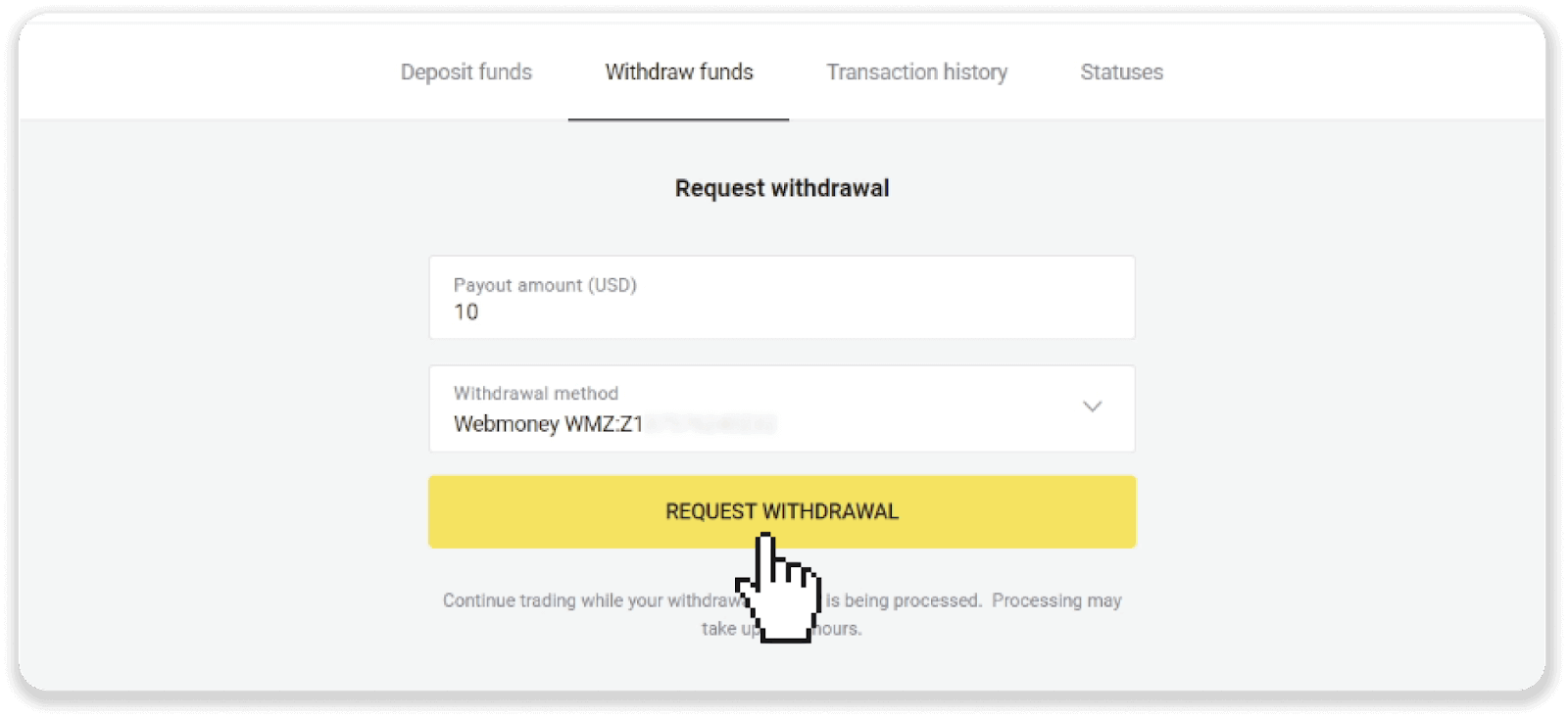 Si të tërhiqni fonde nga Binomo në portofolin tim elektronik (Payfix, Webmoney WMZ, Tpaga, Perfect Money, para ADV, PayTM, Globe Pay, AstroPay, Jeton Wallet)