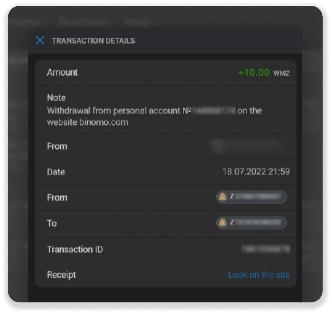 Si të tërhiqni fonde nga Binomo në portofolin tim elektronik (Payfix, Webmoney WMZ, Tpaga, Perfect Money, para ADV, PayTM, Globe Pay, AstroPay, Jeton Wallet)