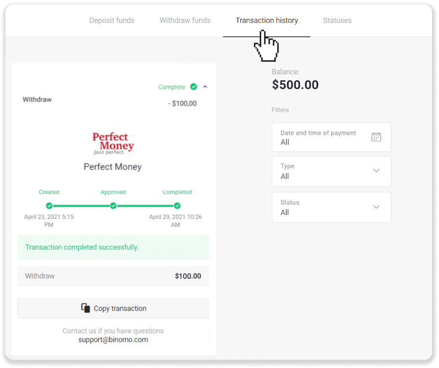 Si të tërhiqni fonde nga Binomo në portofolin tim elektronik (Payfix, Webmoney WMZ, Tpaga, Perfect Money, para ADV, PayTM, Globe Pay, AstroPay, Jeton Wallet)