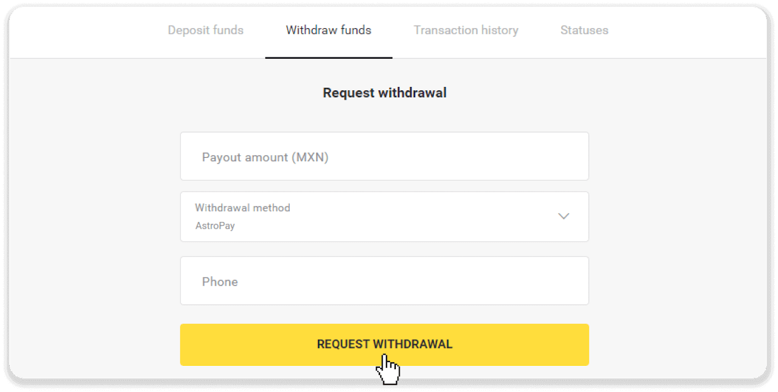 Si të tërhiqni fonde nga Binomo në portofolin tim elektronik (Payfix, Webmoney WMZ, Tpaga, Perfect Money, para ADV, PayTM, Globe Pay, AstroPay, Jeton Wallet)