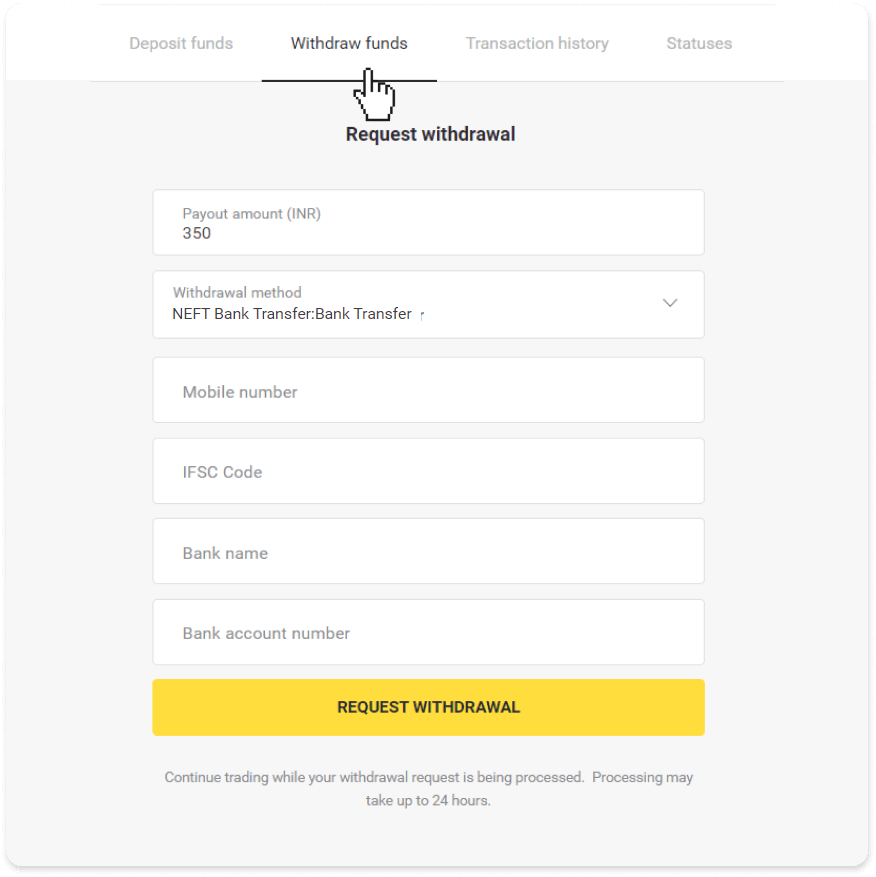 Cara Menarik Dana ke Rekening Bank saya (transfer Bank, Internet Banking, IMPS Bank Transfer, NEFT Bank Transfer, Indian Exchanger, NetBanking, Virtual Account, CEPbank, PIX) di Binomo