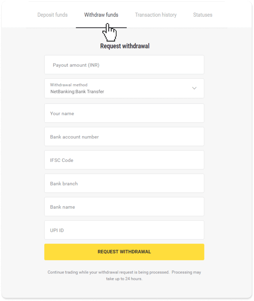 Cara Menarik Dana ke Rekening Bank saya (transfer Bank, Internet Banking, IMPS Bank Transfer, NEFT Bank Transfer, Indian Exchanger, NetBanking, Virtual Account, CEPbank, PIX) di Binomo