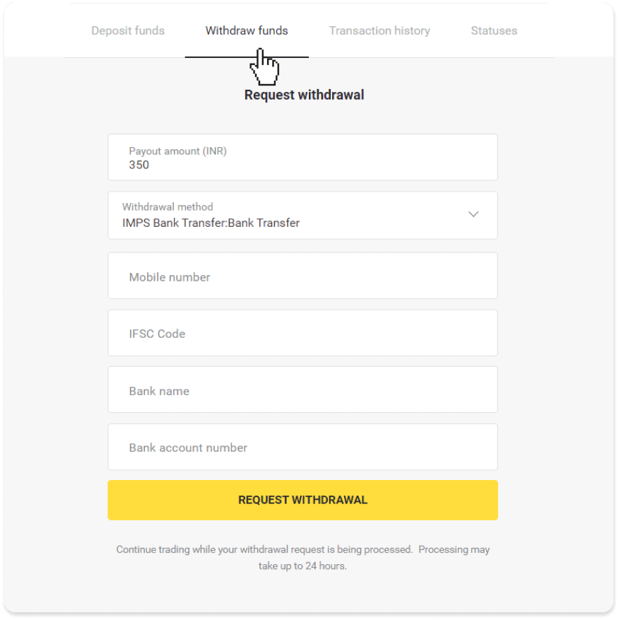 Cara Menarik Dana ke Rekening Bank saya (transfer Bank, Internet Banking, IMPS Bank Transfer, NEFT Bank Transfer, Indian Exchanger, NetBanking, Virtual Account, CEPbank, PIX) di Binomo